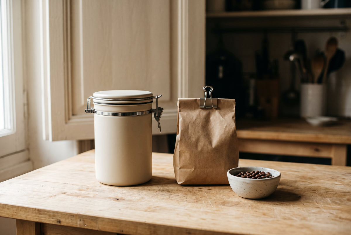 Un bocal opaque et un sachet de café refermé, rangés à l'abri de la lumière sur un plan de travail.
